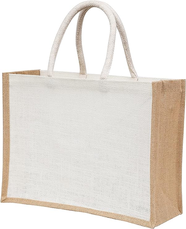 White Jute Burlap Tote Bags with Handle | 100% Natural Eco-friendly Reusable Grocery Bag | Totes for Bridesmaids|Yogi's Giftยฎ (Pack of 2)