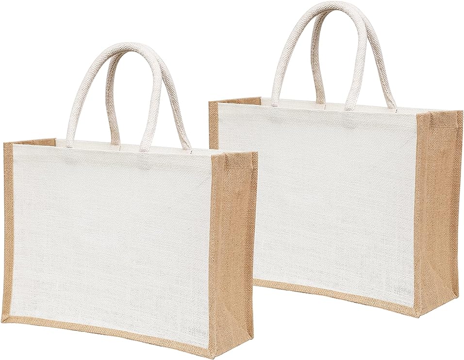 White Jute Burlap Tote Bags with Handle | 100% Natural Eco-friendly Reusable Grocery Bag | Totes for Bridesmaids|Yogi's Giftยฎ (Pack of 2)