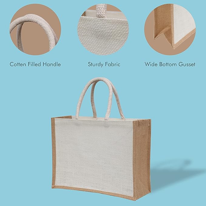 White Jute Burlap Tote Bags with Handle | 100% Natural Eco-friendly Reusable Grocery Bag | Totes for Bridesmaids|Yogi's Giftยฎ (Pack of 2)