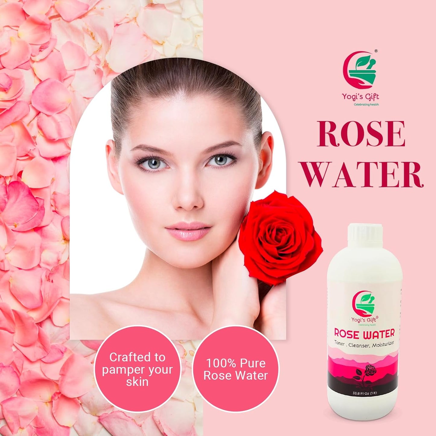 100% Pure Rose Water 33.8 fl oz | For Face & Hair | Alcohol Free & Artificial Coloring Free | by Yogi's Gift® (33.8 fl oz)