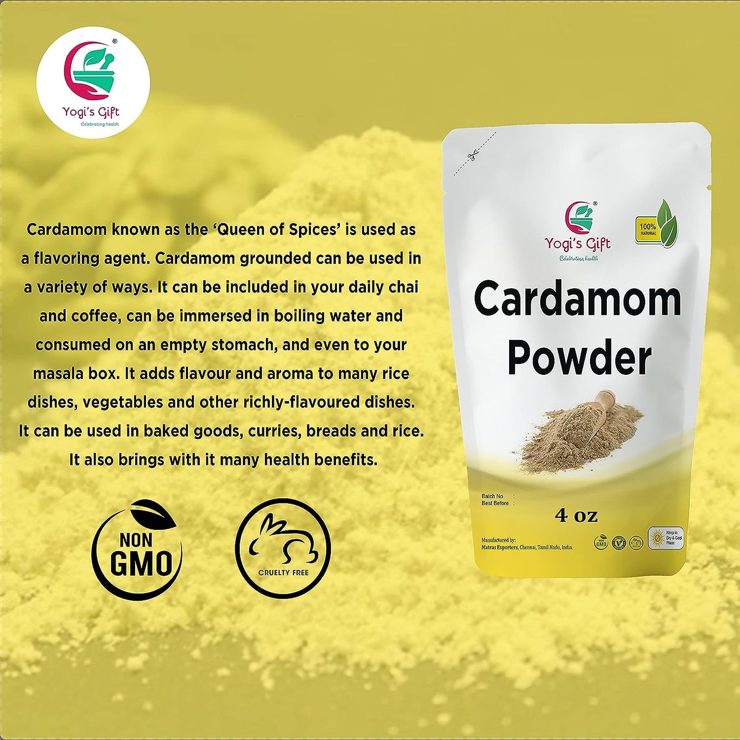 Cardamom powder 4 Oz | Fresh, Aromatic and Flavourful ground cardamom | Cardamom ground spice | aka Elaichi, Cardamon | by Yogi's Giftยฎc