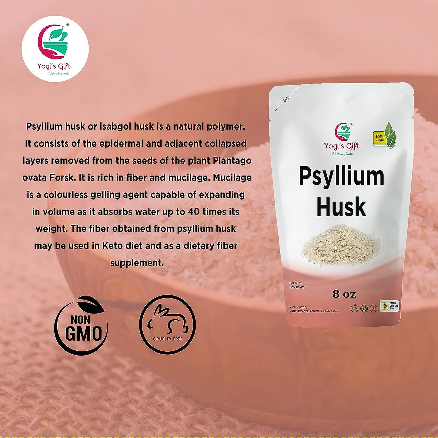 Psyllium Husk Whole 8 oz | Soluble Fiber Supplement | Keto Friendly | Use in Smoothies, Cooking and Baking | Unflavored, Fine Ground, 100% Natural, Non GMO | by Yogi's Gift®