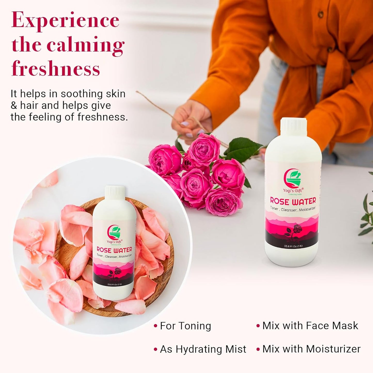 100% Pure Rose Water 33.8 fl oz | For Face & Hair | Alcohol Free & Artificial Coloring Free | by Yogi's Gift® (33.8 fl oz)