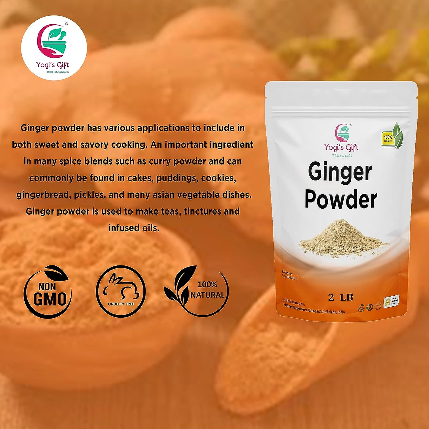 Ginger Powder 2 LB | As Spicy as Fresh Ginger | Flavourful Powdered Ginger | 100% Pure and Natural Ground Ginger | Great for Baking and Tea | By Yogi’s Gift®