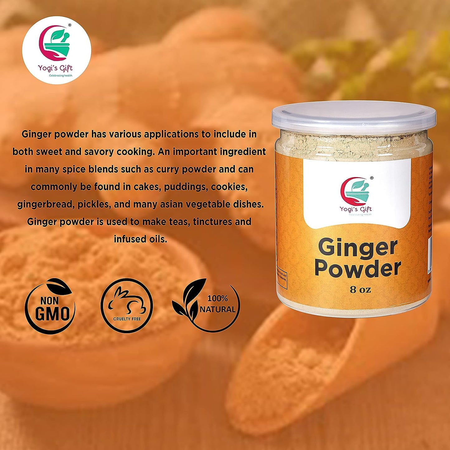 Ginger Powder 8oz | As Spicy as Fresh Ginger | Flavourful Powdered Ginger | 100% Pure and Natural Ground Ginger | Great for Baking and Tea | By Yogi’s Gift®
