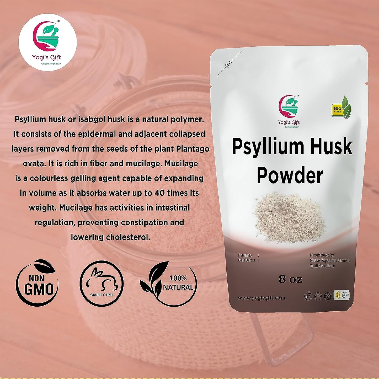 Psyllium Husk Powder 8 oz | Soluble Fiber Supplement | Keto Friendly | Use in Smoothies, Cooking and Baking | Unflavored, Fine Ground, 100% Natural, Non GMO | by Yogi's Gift®