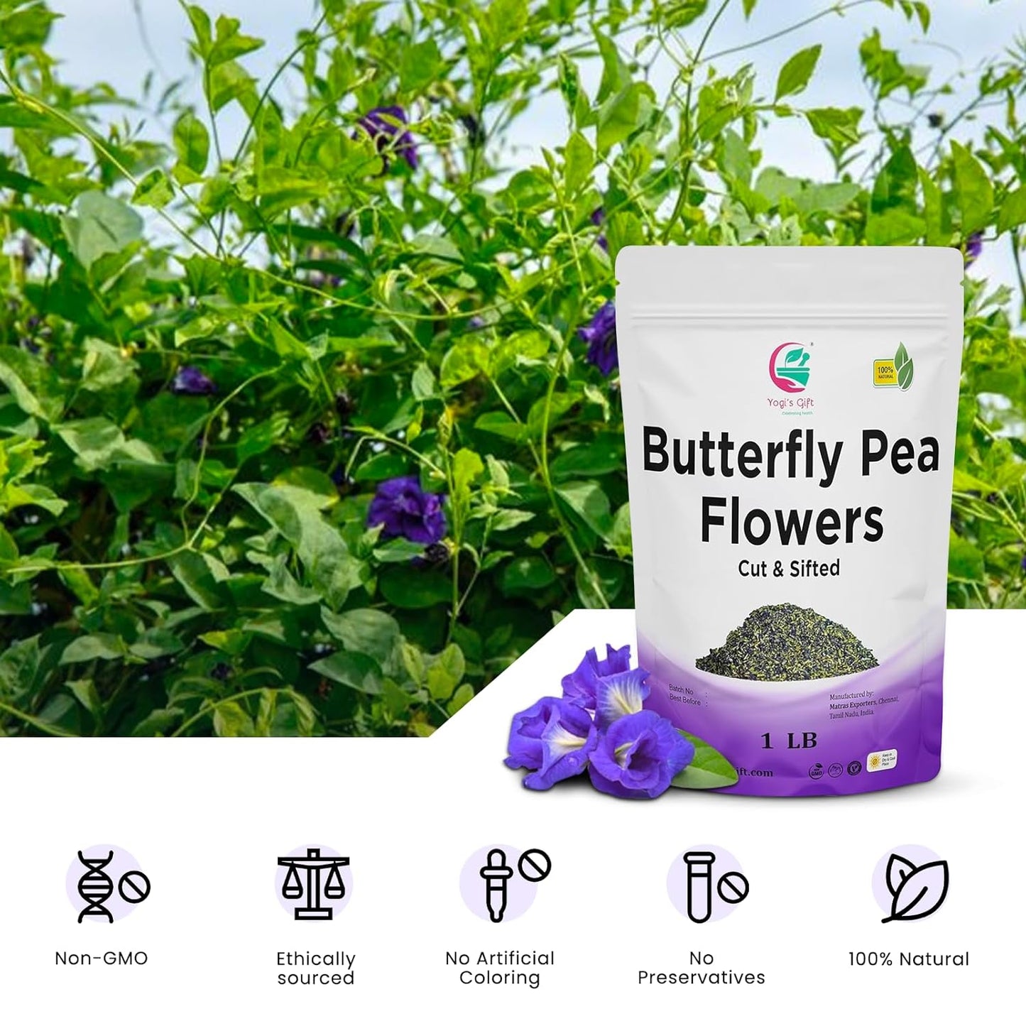 Butterfly Pea Flower Tea 1 LB | Cut and Sifted | Makes Beautiful Blue Or Purple Food Coloring | Blue tea Butterfly Pea Flower | Non-Gmo, Ethically Sourced | By Yogi's Gift®
