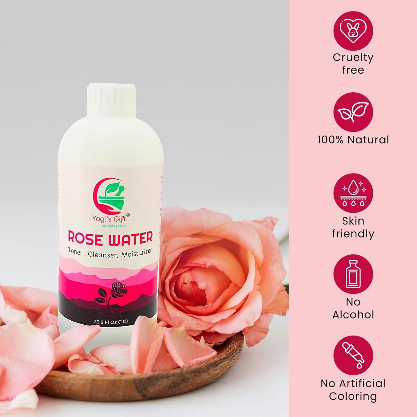 100% Pure Rose Water 33.8 fl oz | For Face & Hair | Alcohol Free & Artificial Coloring Free | by Yogi's Gift® (33.8 fl oz)