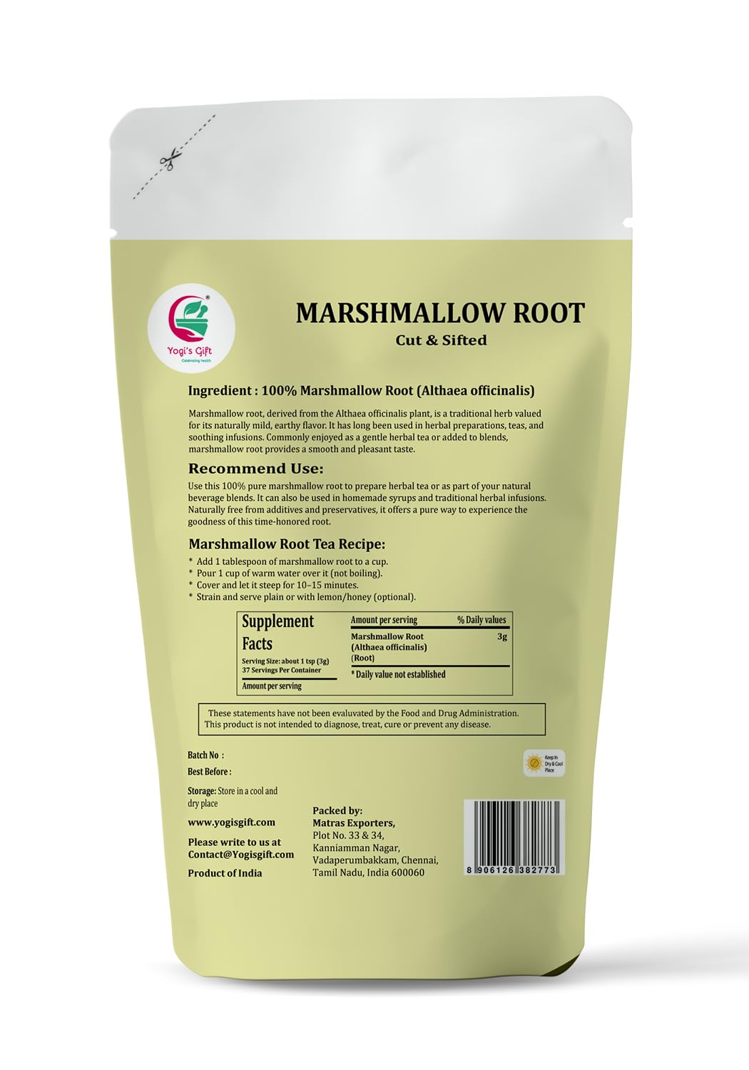 Marshmallow Root Tea 4 oz โ Dried Marshmallow Root Cut & Sifted โ 100% Natural marshmello root for Tea & Herbal Brewing Use โ By Yogiโs Giftยฎ