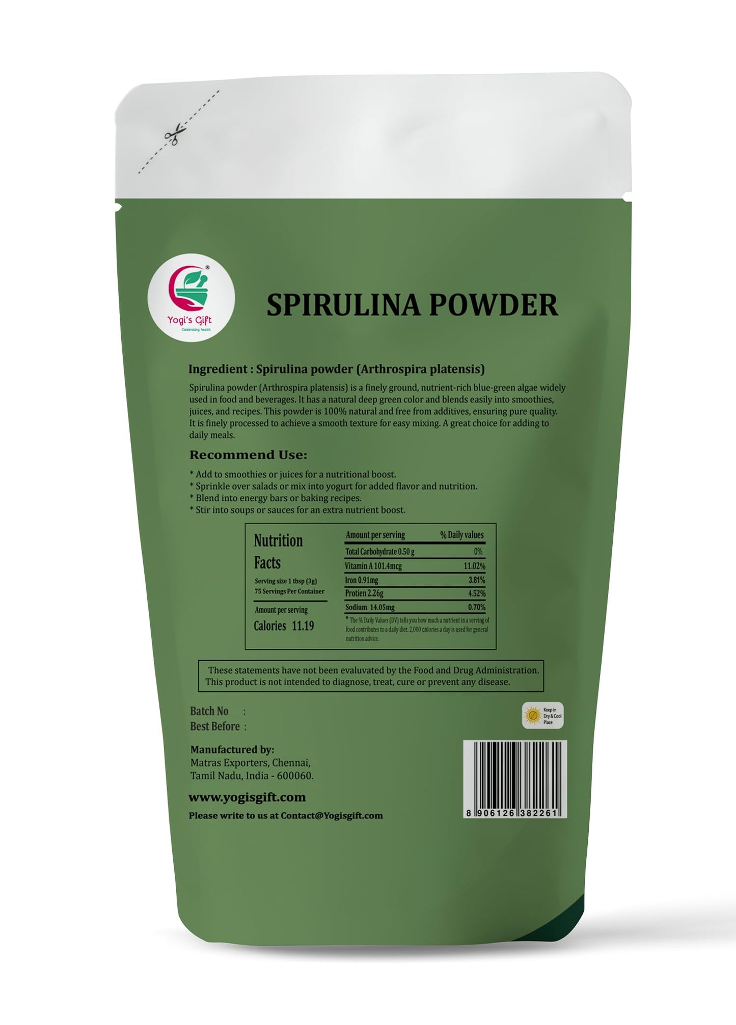 Spirulina Powder 8 oz, 100% Natural & Pure, Perfect for Smoothies, Juices & Daily Wellness - By Yogiโs Giftยฎ