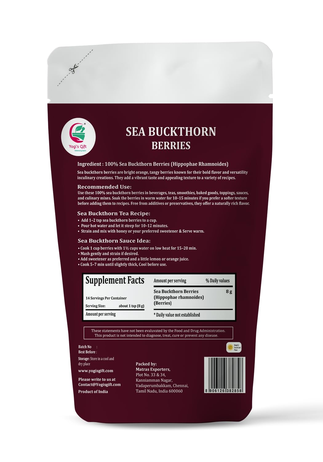 Sea Buckthorn Berry 4 oz โ Premium Dried Sea Buckthorn Berries โ 100% Natural And Pure Sea Buckthorn Berry for Tea & Herbal Use โ By Yogiโs Giftยฎ