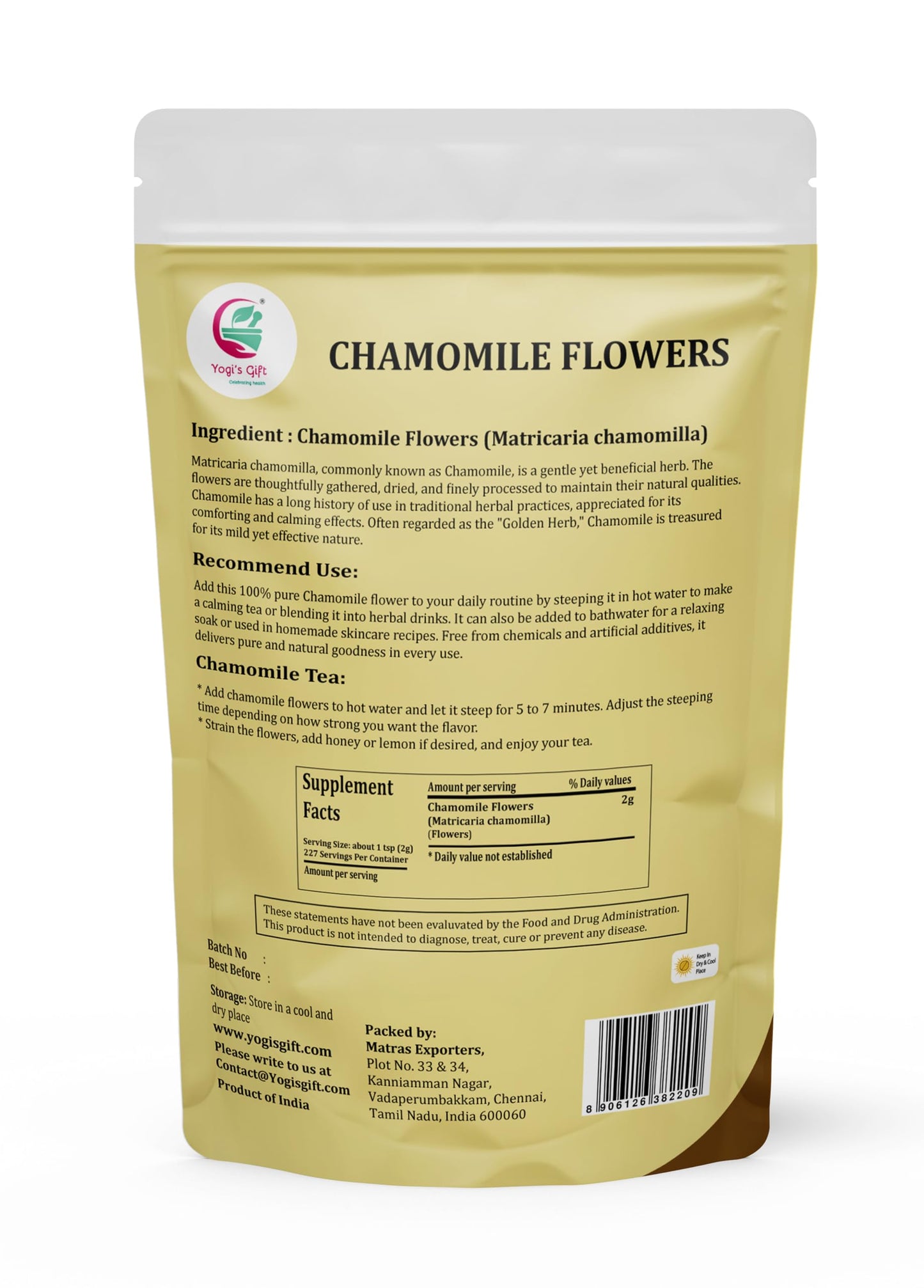 Chamomile Flowers 1 LB, 100% Natural Loose Leaf Chamomile Tea, Whole Dried Flowers for Herbal Tea, 1 LB Bulk Pack, Resealable Bag for Freshness - By Yogi’s Gift®