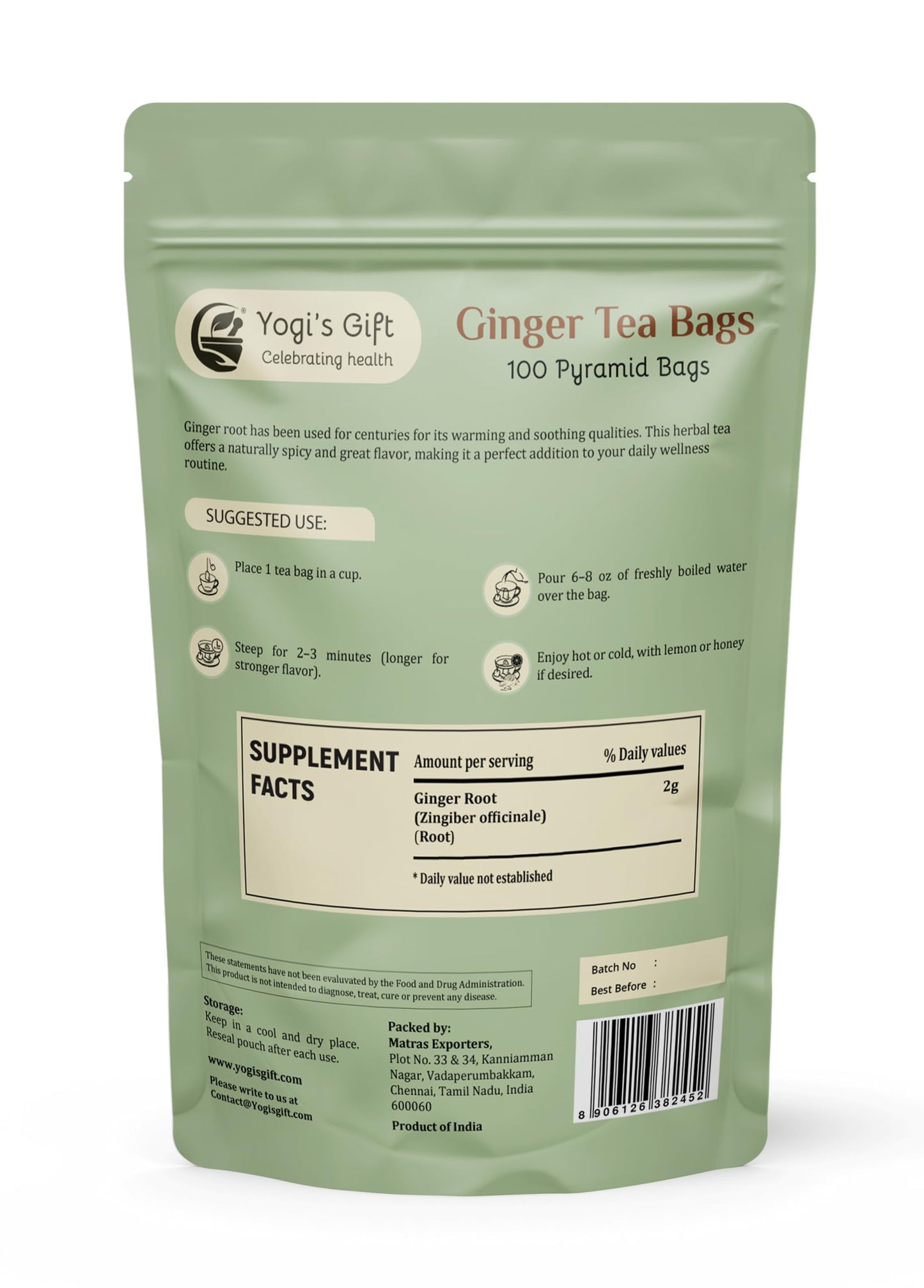 Yogi's Gift Ginger Tea Bags, 100 Count Pyramid Tea Bags, 100% Natural and Pure Dried Ginger Root Tea, Bold & Spicy Herbal Flavor Ginger Tea