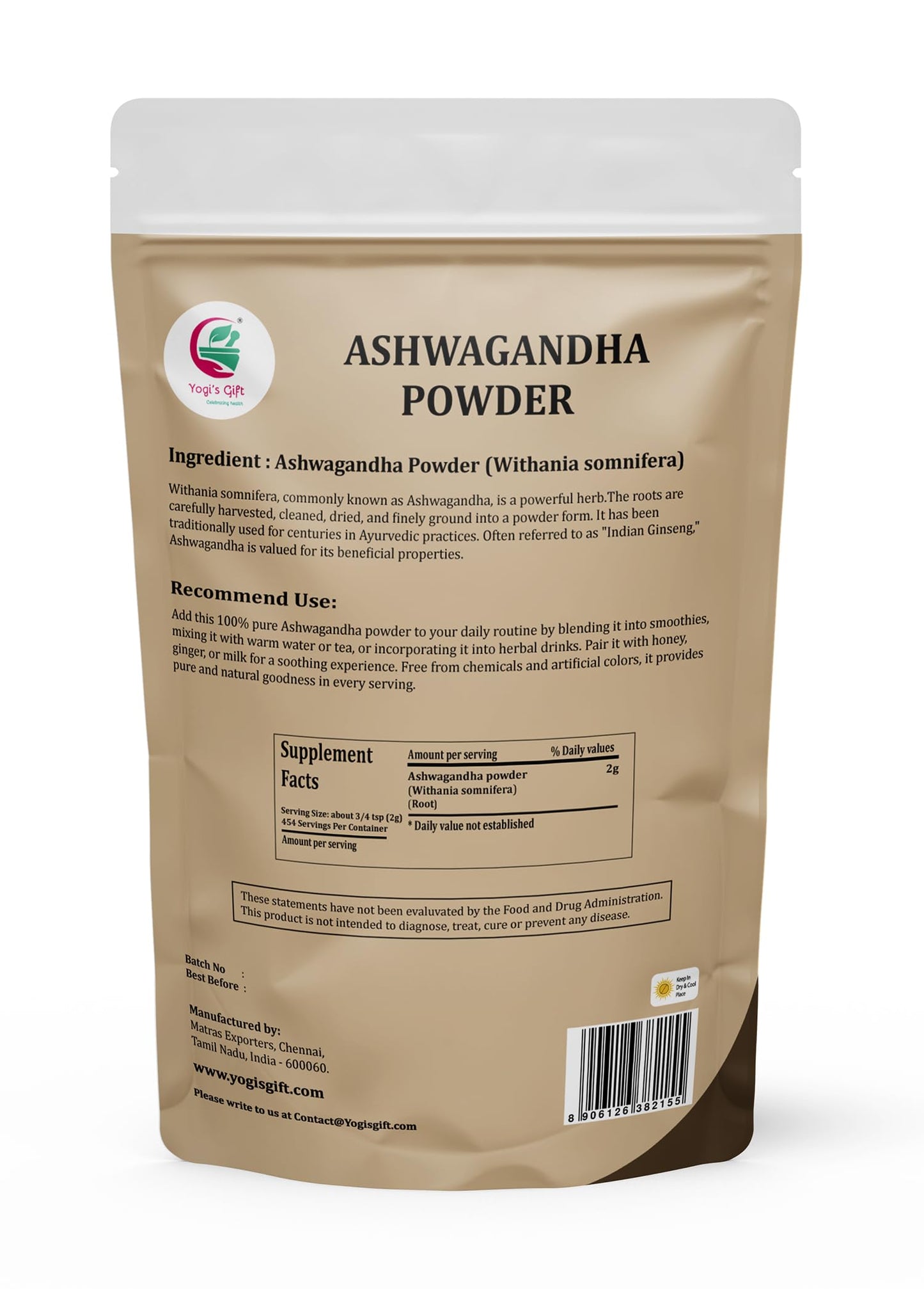 Ashwagandha Powder 2 LB, 100% Natural & Pure Ashwagandha Root Powder, Finely Grounded for Teas, Smoothies & Recipes, 2 LB Bulk Pack, Resealable Bag for Freshness - By Yogi’s Gift®