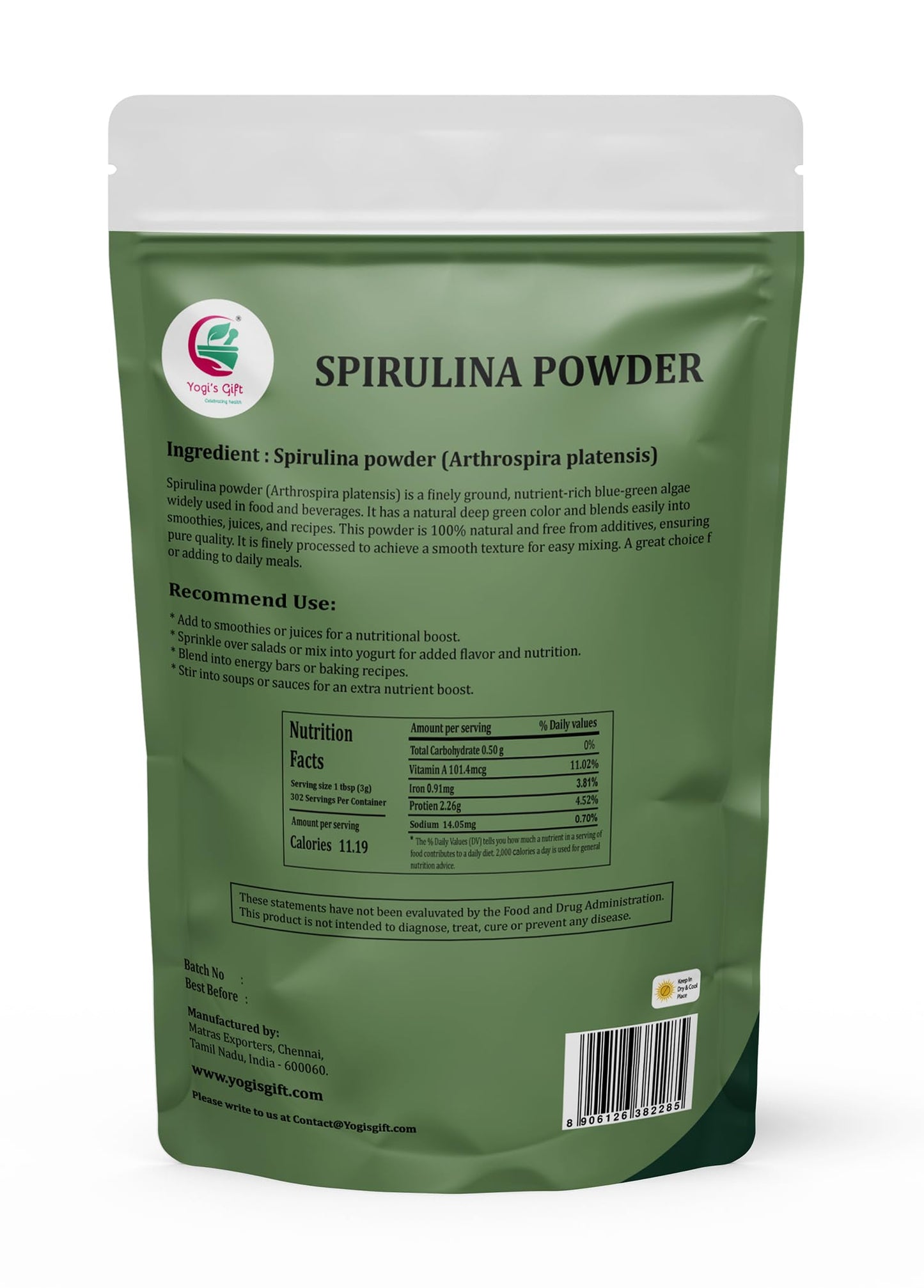 Spirulina Powder 2 LB, 100% Natural & Pure, Perfect for Smoothies, Juices & Daily Wellness, 2 LB Bulk Pack - By Yogiโs Giftยฎ