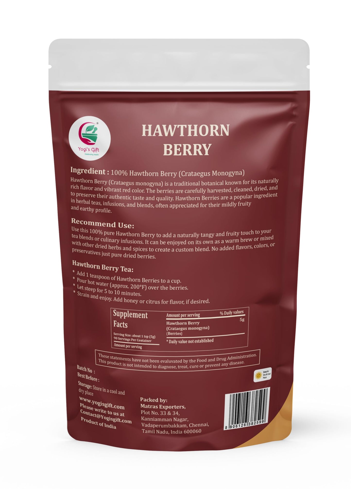 Hawthorn Berries 1 lb โ Dried Whole hawthorne Tea berry, Fruity Flavor โ 100% Natural & Pure โ By Yogiโs Giftยฎ