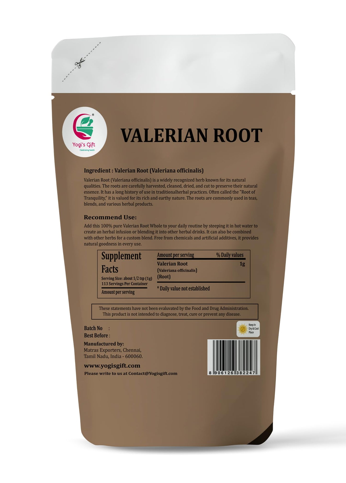 Valerian Root Whole 4oz, 100% Natural & Pure, for Tea & Herbal Blends, Naturally Strong Aroma, Resealable Bag for Freshness - By Yogi’s Gift®