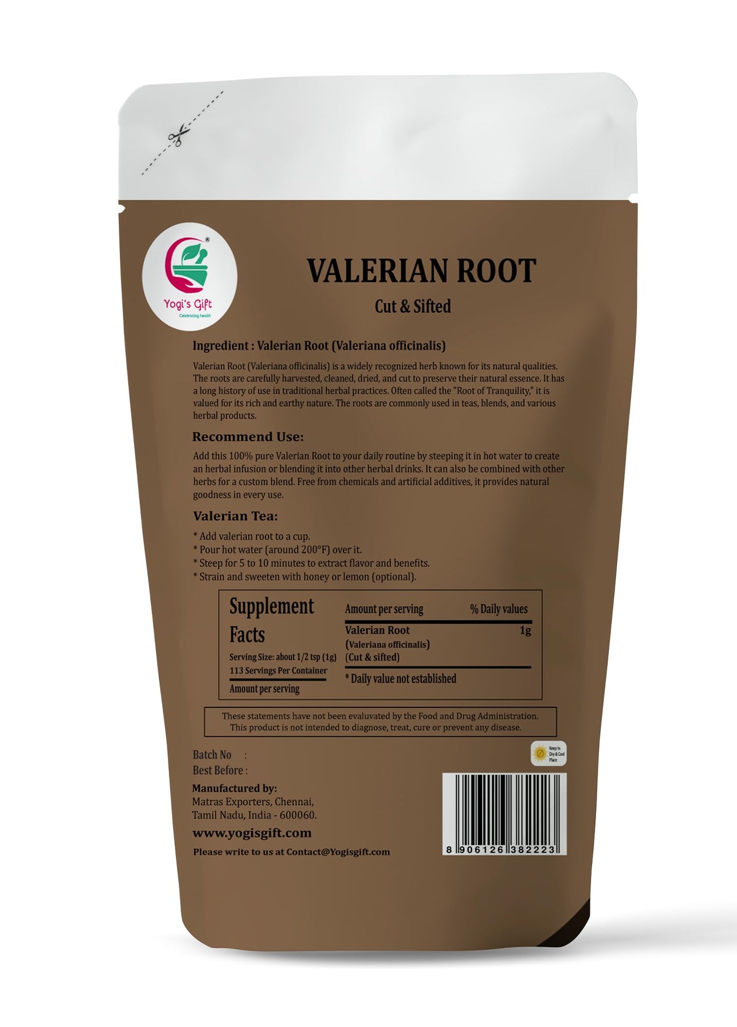Valerian Root 4oz, Cut & Sifted, 100% Natural & Pure, for Tea & Herbal Blends, Naturally Strong Aroma, Resealable Bag for Freshness - By Yogi’s Gift®