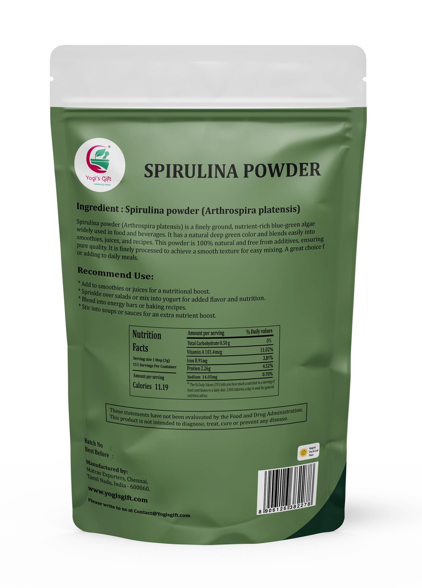 Spirulina Powder 1 LB, 100% Natural & Pure, Perfect for Smoothies, Juices & Daily Wellness - By Yogi’s Gift®