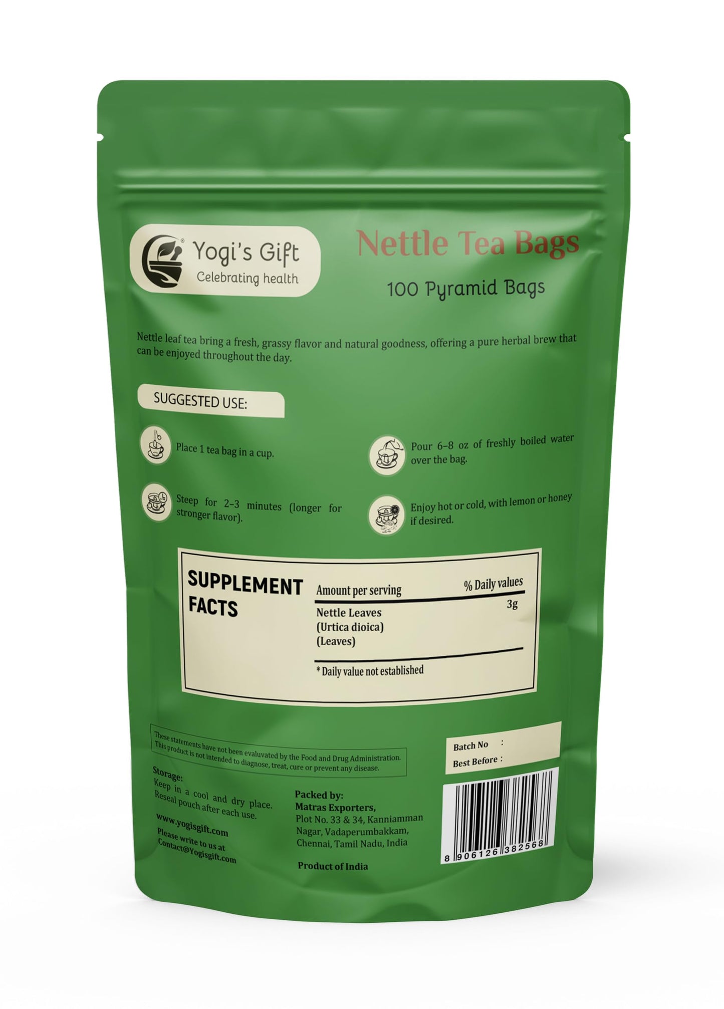 Nettle Tea Bags (100 Count) – Pyramid Tea Bags – 100% Natural & Pure Nettle Tea Leaves – Delightful Herbal Tea Experience – by Yogi’s Gift®