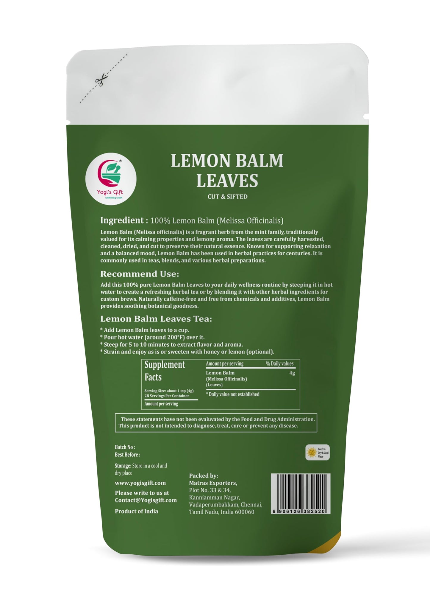 Lemon Balm Leaves 4 oz โ Dried lemon balm leaves for Tea, Herbal Infusions & Wellness โ Refreshing, Mild Mint Flavor โ 100% Natural & Pure โ By Yogiโs Giftยฎ