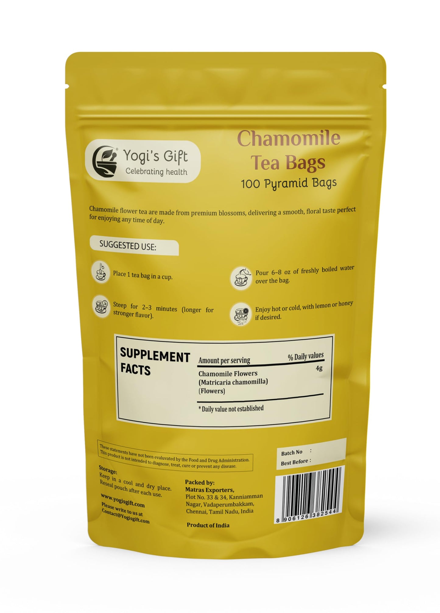 Chamomile Tea Bags โ 100 Count Pyramid Tea Bags โ Premium Quality Chamomile Flowers โ Light And Smooth Floral Taste โ By Yogiโs Giftยฎ