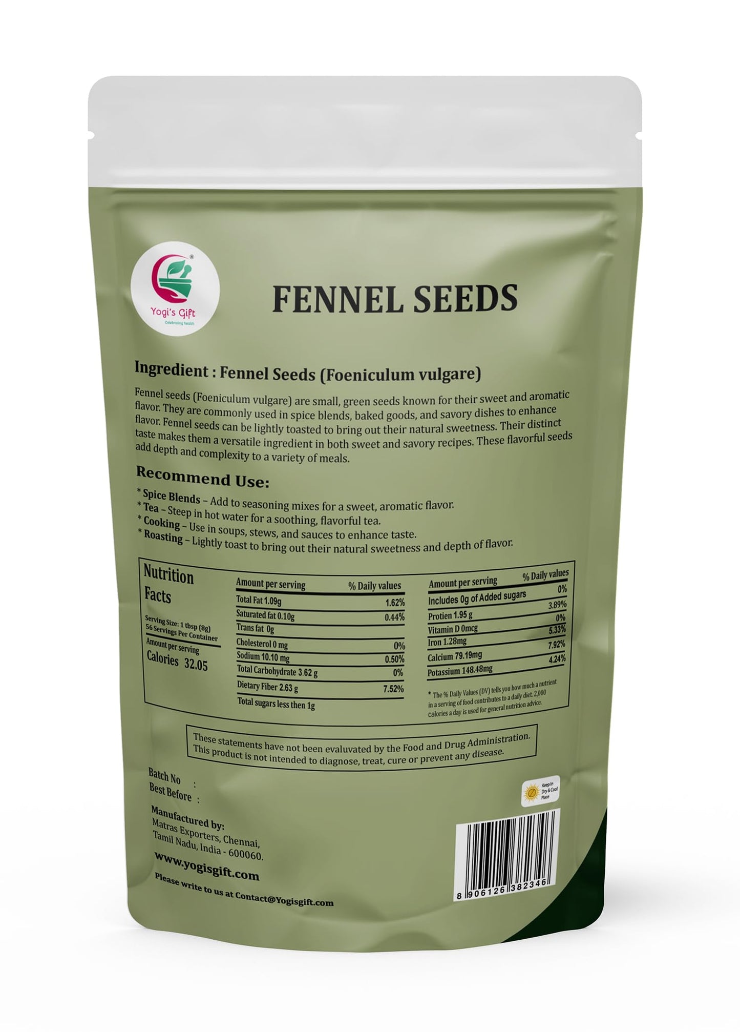 Fennel Seeds 1 LB, 100% Pure & Natural Whole Fennel, Premium Quality Spice for Cooking & Tea, Fresh & Aromatic - By Yogiโs Giftยฎ
