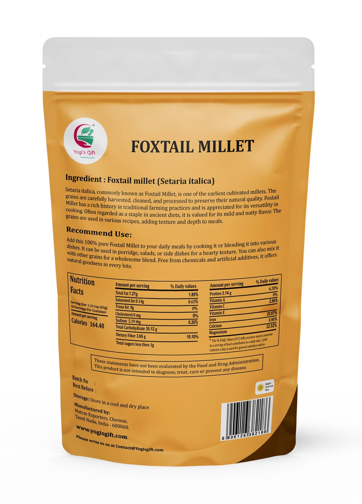 Foxtail Millet 3 LB, 100% Natural Whole Grain, Hulled Millet for Cooking, Baking & Bird Feed, Non-GMO, 3 Lb Bulk Pack, Resealable Bag for Freshness - By Yogiโs Giftยฎ