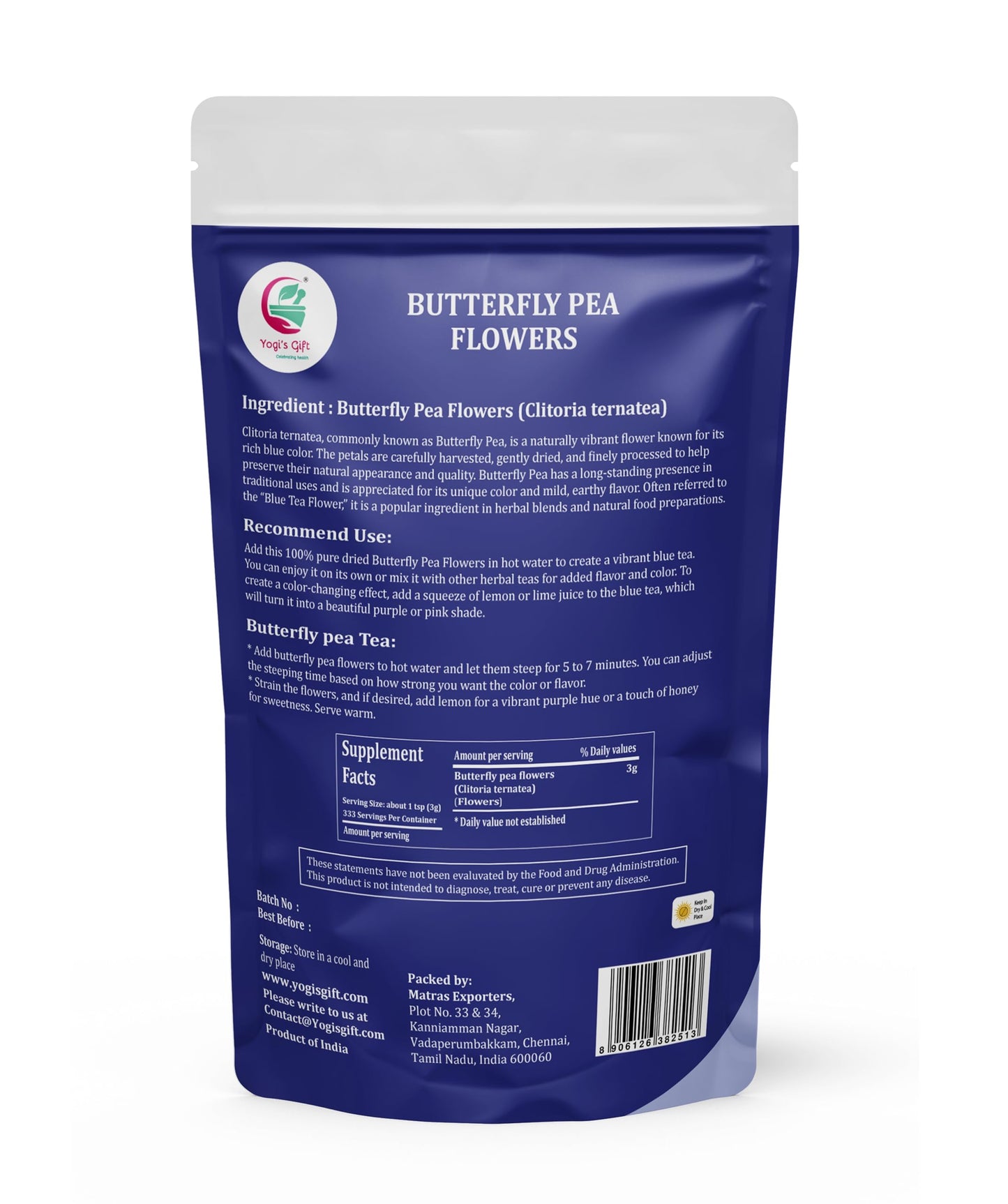 Butterfly Pea Flower Whole 1 KG (2.2 LB) - Blue Butterfly Pea Flower Tea - Makes Beautiful Blue Or Purple Food Coloring - By Yogi's Gift®