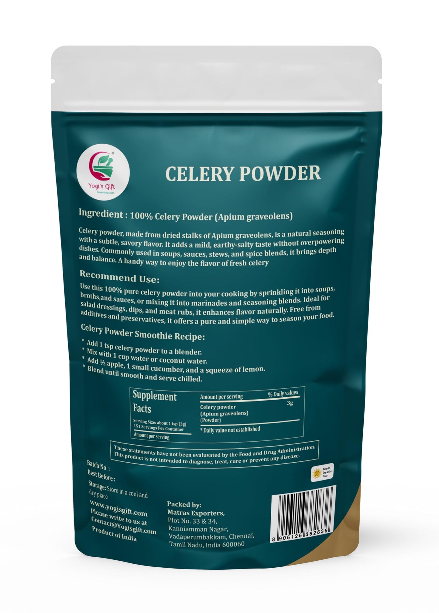 Celery Powder 1 lb โ Dried Celery Powder Seasoning for Cooking, Juices & Curing โ Ground Spice โ 100% Pure And Natural Flavor โ By Yogiโs Giftยฎ