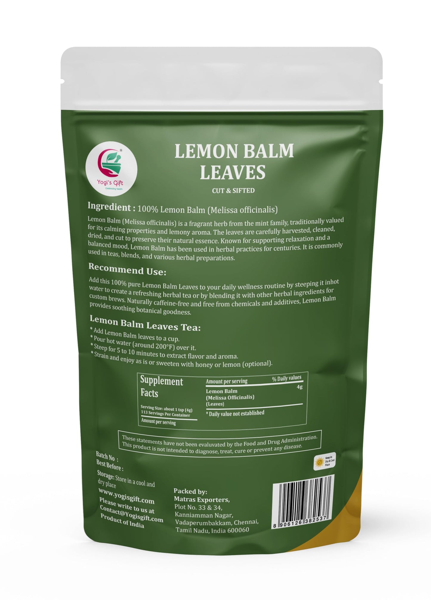 Lemon Balm Leaves 1 lb โ Dried lemon balm leaves for Tea, Herbal Infusions & Wellness โ Refreshing, Mild Mint Flavor โ 100% Natural & Pure โ By Yogiโs Giftยฎ