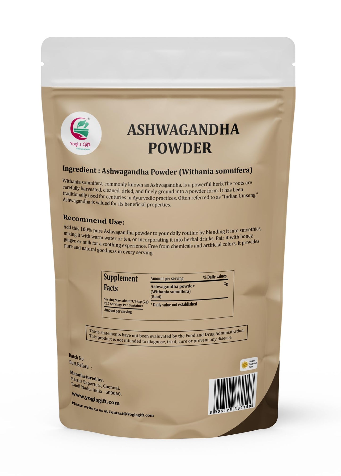 Ashwagandha Powder 1 LB, 100% Natural & Pure Ashwagandha Root Powder, Finely Grounded for Teas, Smoothies & Recipes, Resealable Bag for Freshness - By Yogi’s Gift®
