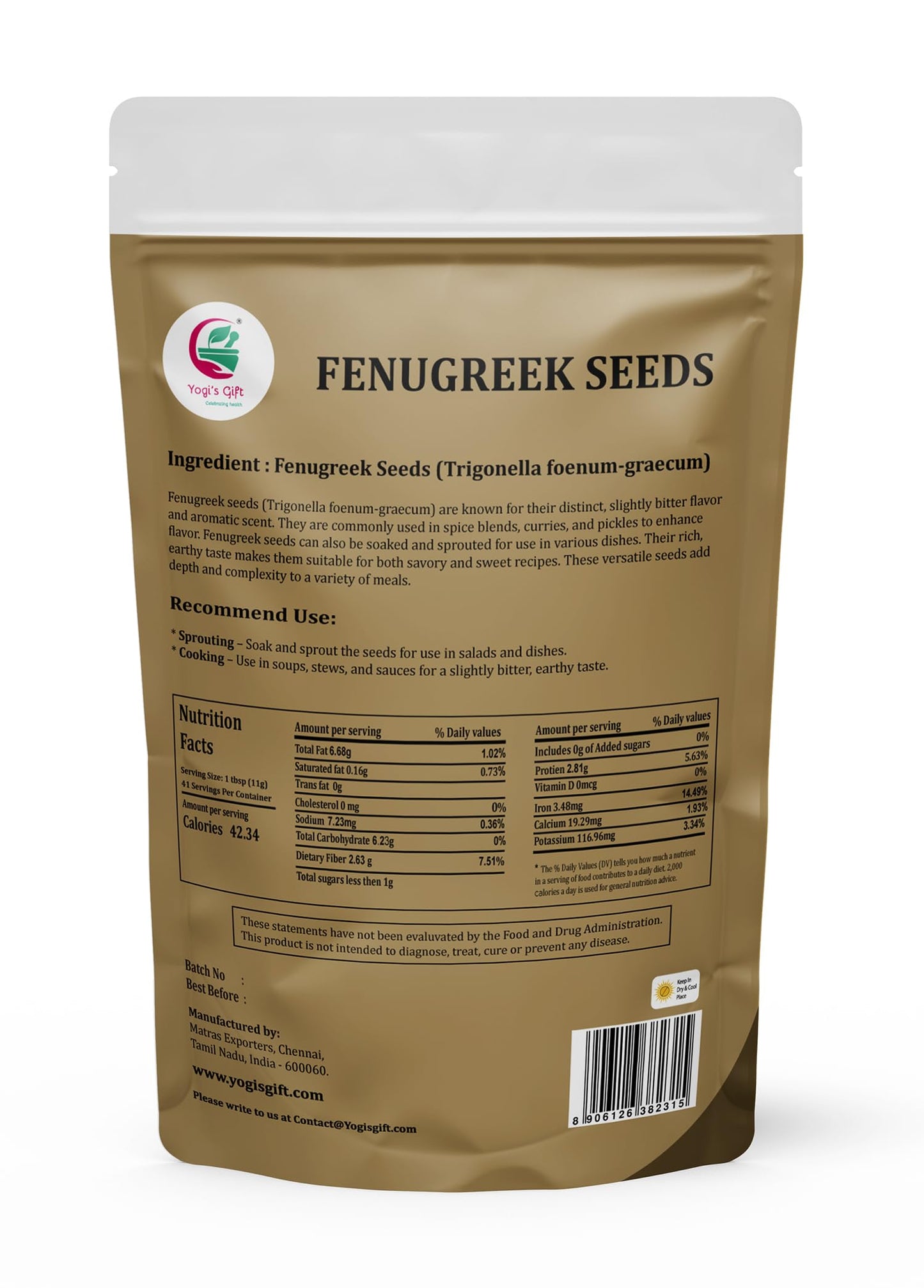 Fenugreek Seeds 1 LB, 100% Pure & Natural, Perfect for Cooking, Herbal Uses & Overall Wellness, Resealable Bag for Freshness - By Yogi’s Gift®