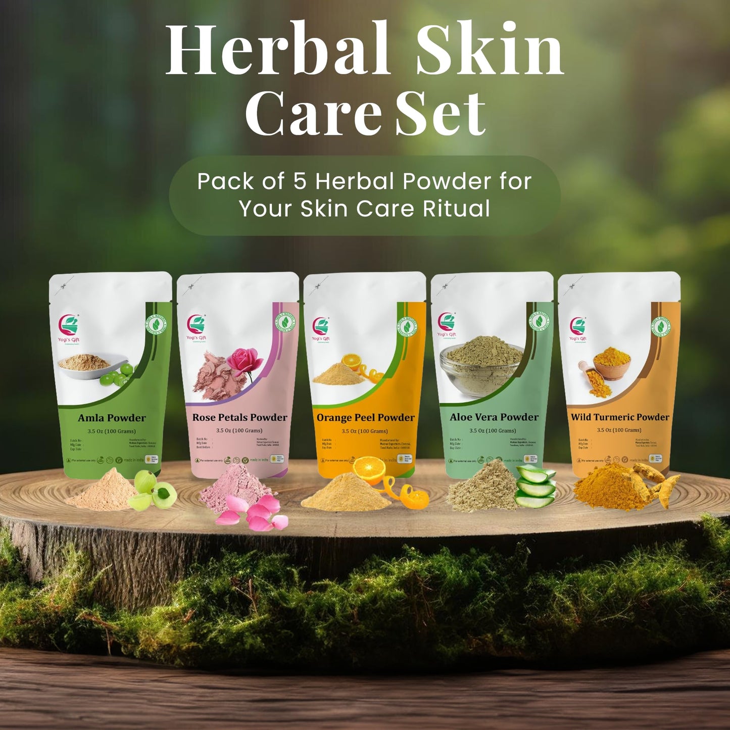 Herbal Skin Care Set | 5 powders in One Pack | Aloe vera, Amla, Orange Peel, Rose & Wild Turmeric powders | 100g Each | DIY Face Mask Powders | By Yogi's Gift®