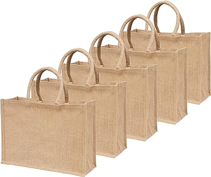 Jute Burlap Tote Bags with Handle | Natural Eco-friendly Reusable Grocery Bag | Totes for bridesmaids | By Yogi's Giftยฎ (Pack of 5)
