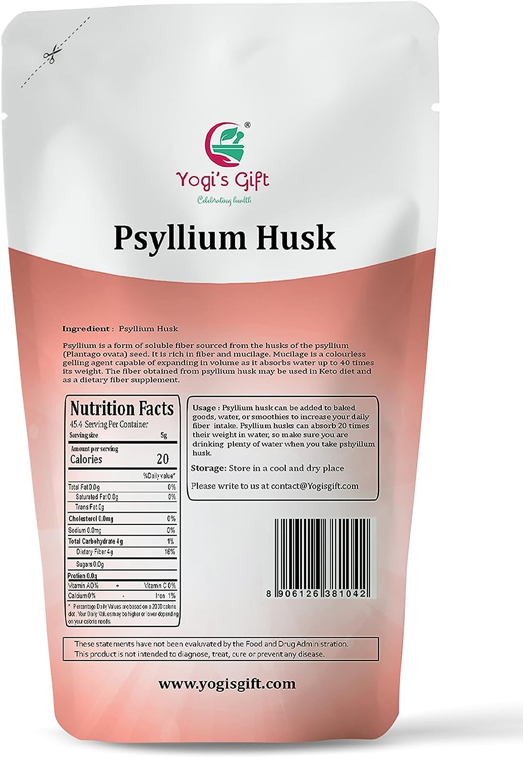 Psyllium Husk Whole 8 oz | Soluble Fiber Supplement | Keto Friendly | Use in Smoothies, Cooking and Baking | Unflavored, Fine Ground, 100% Natural, Non GMO | by Yogi's Gift®