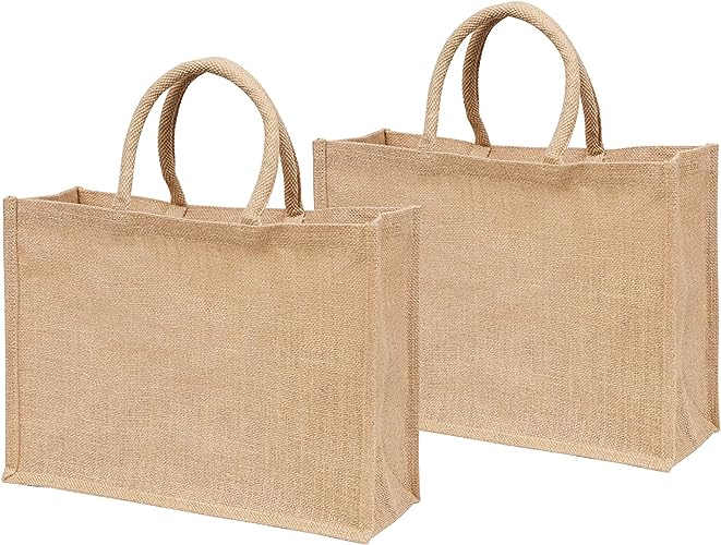Jute Burlap Tote Bags with Handle | Natural Eco-friendly Reusable Grocery Bag | Totes for bridesmaids | By Yogi's Giftยฎ (Pack of 2)