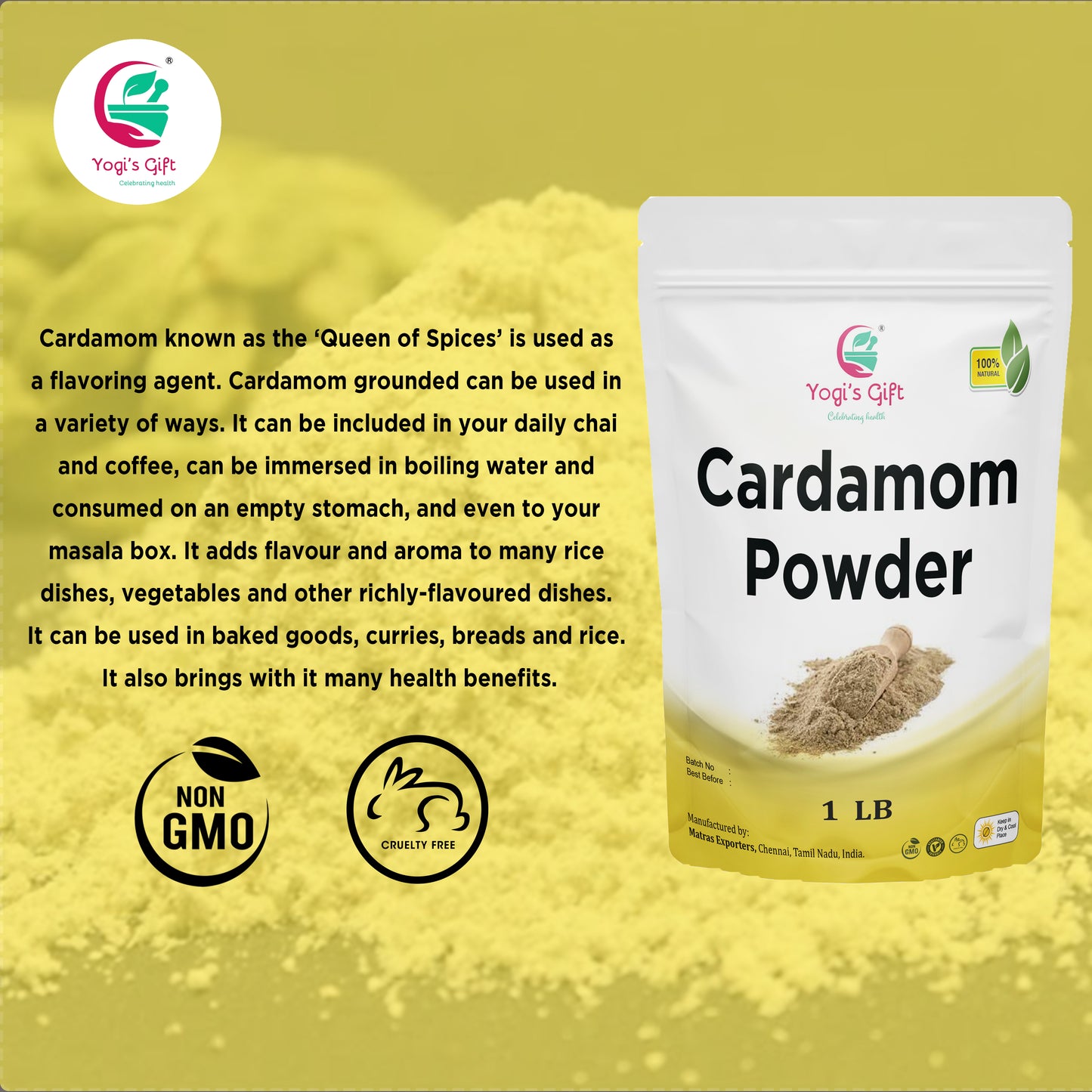 Ground Cardamom Powder 1 LB | Adds Great Flavour To Baked Goods, Coffee, Tea and Curries |  Fresh And Aromatic | aka Elaichi, Cardamon | Yogi's Gift®