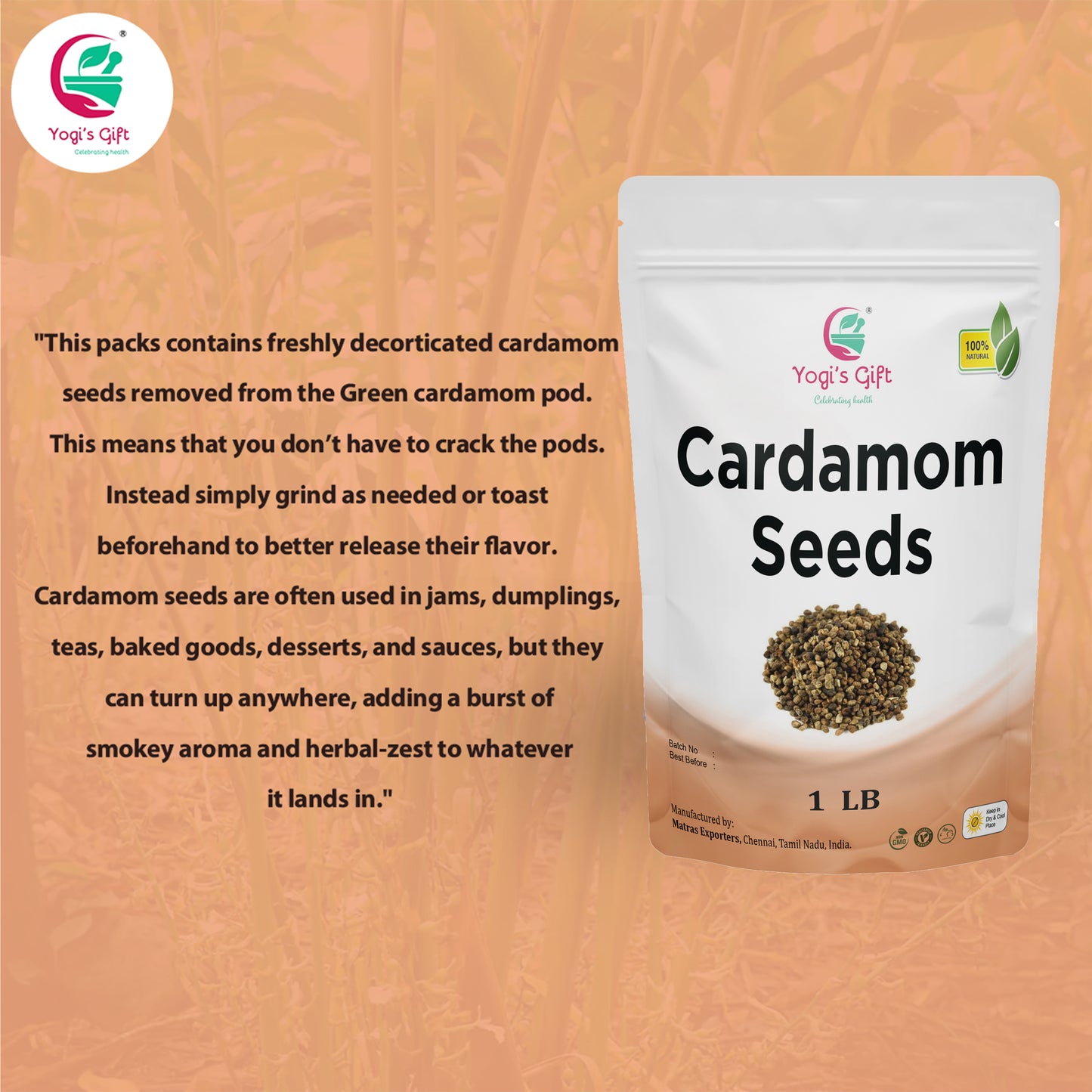 Cardamom Seeds 1 LB bulk pack | Decorticated Cardamon Seeds | Rich fragrant seeds for tasty beverages & dishes | Yogi's Gift®