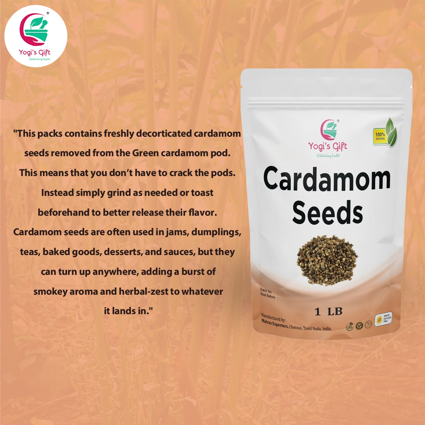 Cardamom Seeds 1 LB bulk pack | Decorticated Cardamon Seeds | Rich fragrant seeds for tasty beverages & dishes | Yogi's Giftยฎ