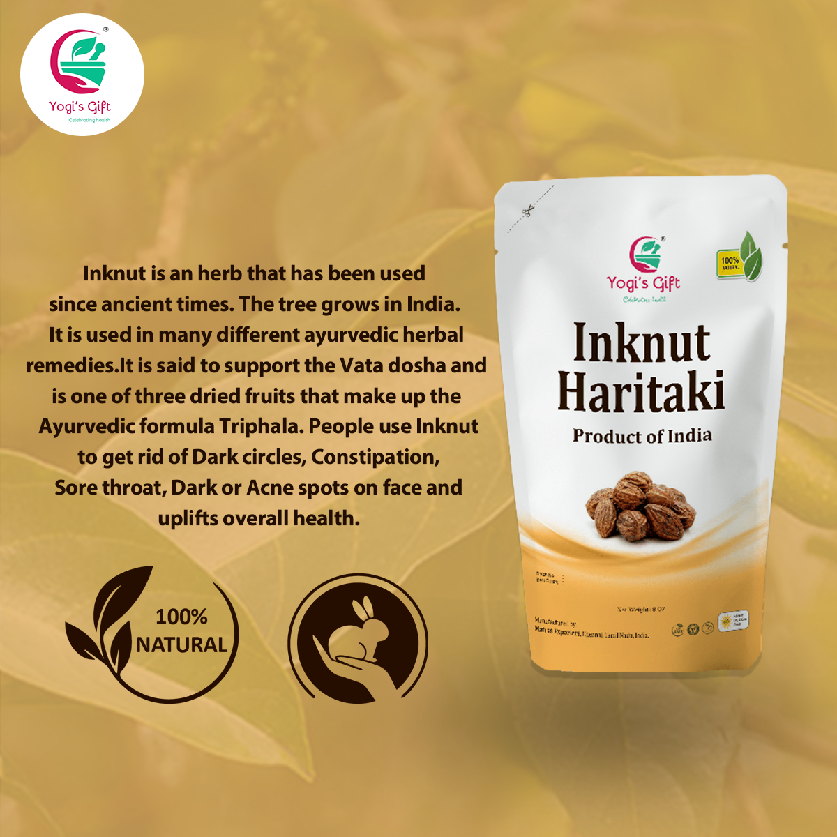 Haritaki / Inknut for Dark Circles | 8 Ounce | 100% Naturally Dried Whole herb | Terminalia chebula | Yogi's Giftยฎ