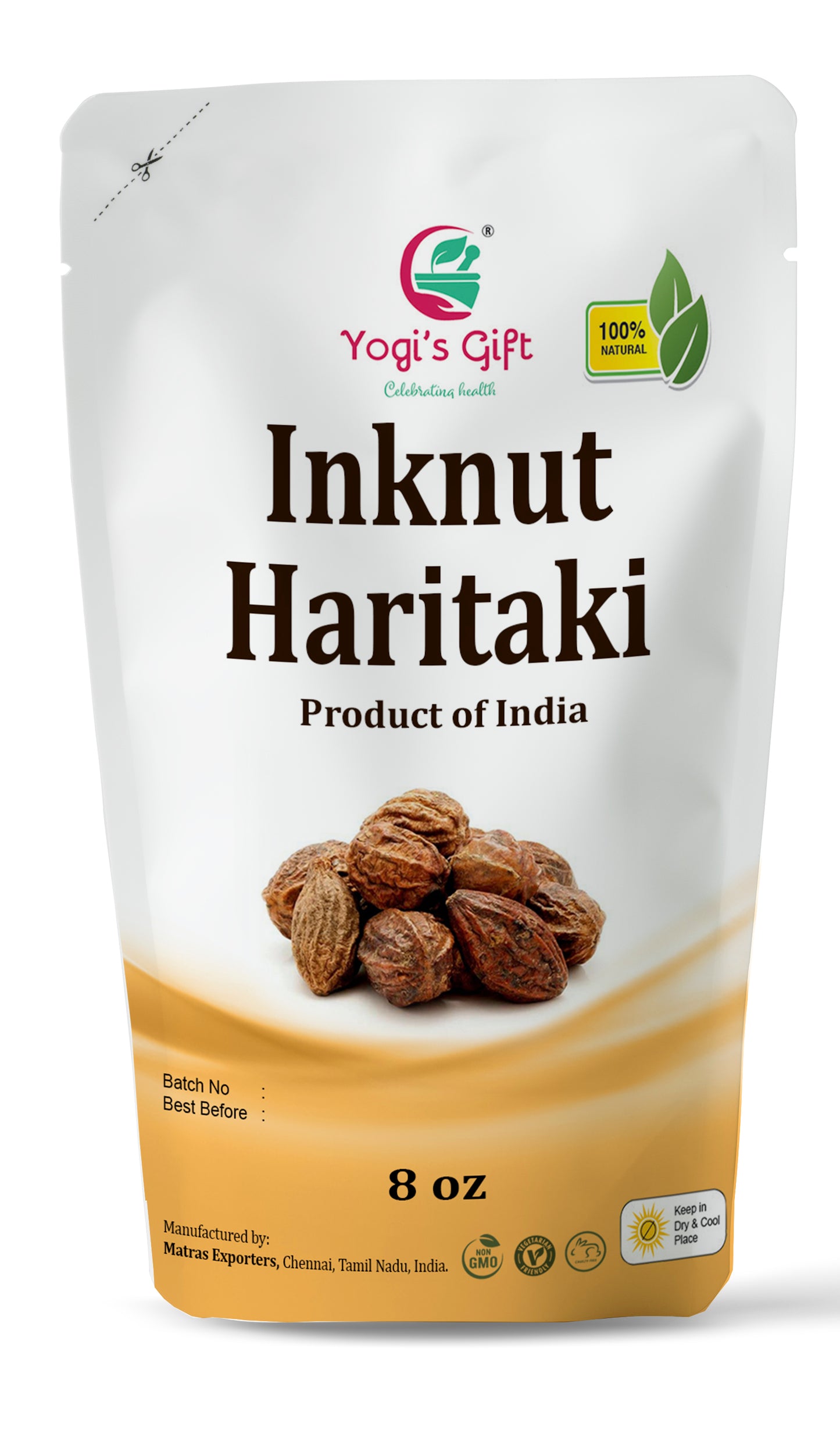 Haritaki / Inknut for Dark Circles | 8 Ounce | 100% Naturally Dried Whole herb | Terminalia chebula | Yogi's Giftยฎ