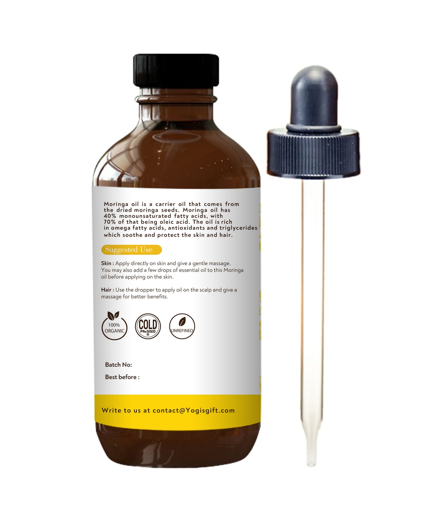 MORINGA OIL / 120ml |100% Pure & Organic Anti Aging Oil | Natural Moisturizer for Face, Skin, Hair and Nails |High and Fast absorption on your skin | by Yogi's Gift Ā®