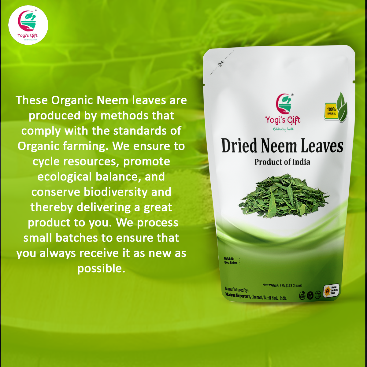 Dried Neem Leaves | 4 oz | 100% Natural Detox Tea (Approx 1800 Whole Leaves) | Azadirachta Indica Leaf | Non-GMO, Gluten Free | Yogi's Gift®