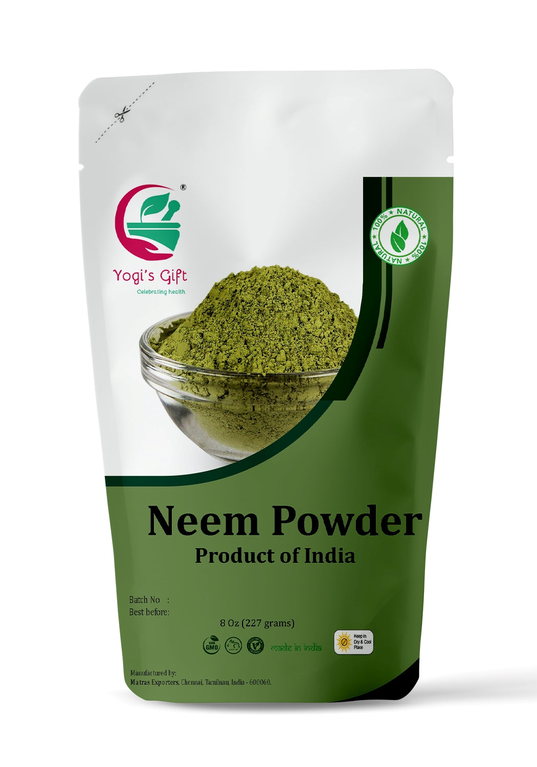 Neem Powder 8 oz | Wild Crafted | Detoxifier | Support Skin Health & Hair Growth | 100% Pure Neem Leaf Powder | Azadirachta Indica | Yogi's Giftยฎ
