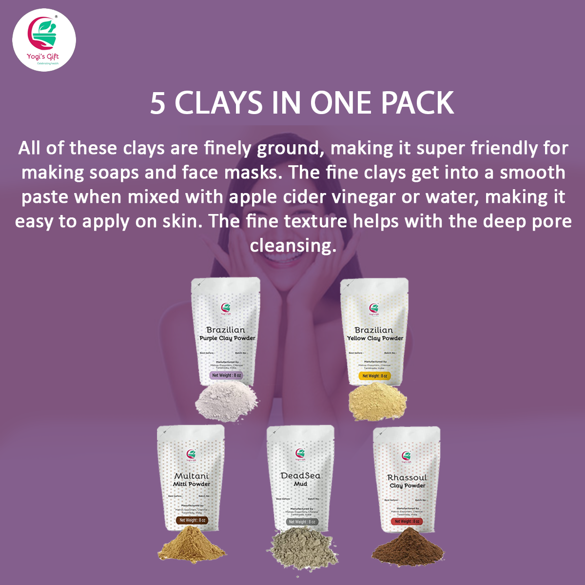 Five Natural Clays | Soap Making Clay | Face Mask Ingredient | Purple clay, Yellow clay, Multani Mitti, Dead Sea Mud & Rhassoul Clays | 8oz each | Best Value Pack of Colourful Clays | by Yogi’s Gift®