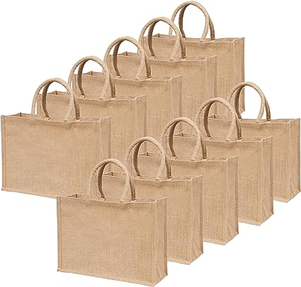 Jute Burlap Tote Bags with Handle | Natural Eco-friendly Reusable Grocery Bag | Totes for bridesmaids | By Yogi's Gift® (Pack of 10)