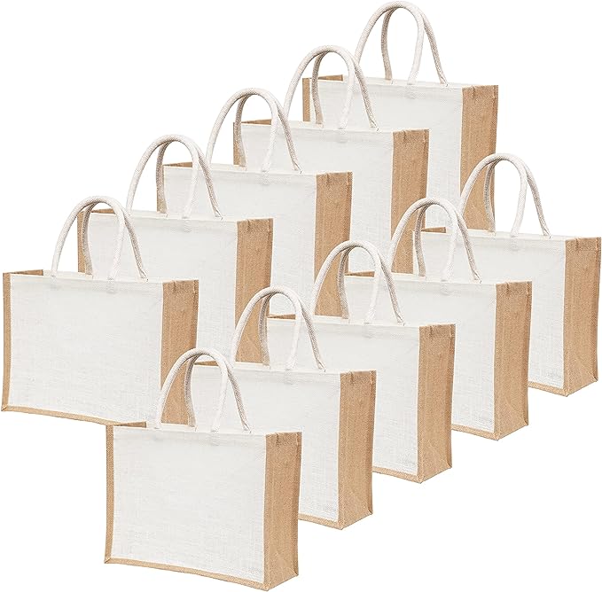 White Jute Burlap Tote Bags with Handle | 100% Natural Eco-friendly Reusable Grocery Bag | Totes for Bridesmaids|Yogi's Gift® (Pack of 10)