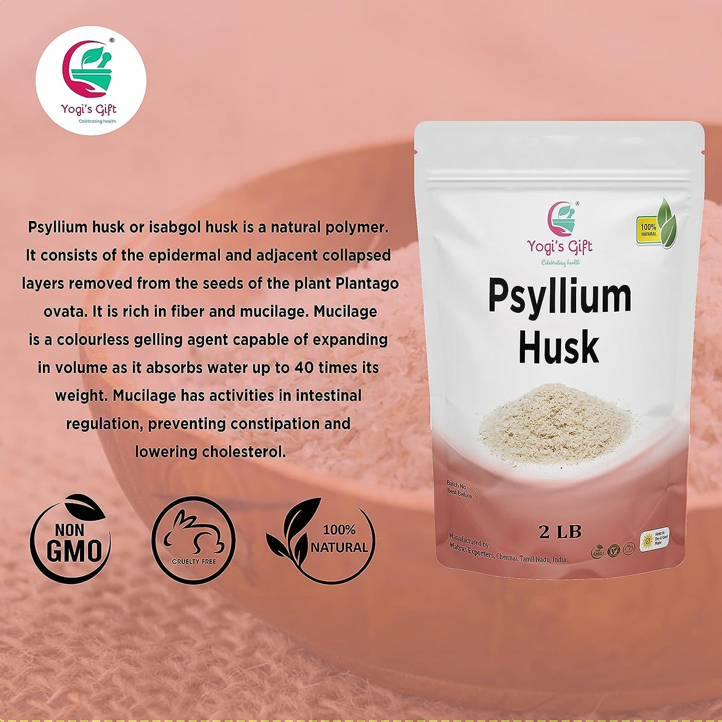 Psyllium Husk Whole 2 Lb | Soluble Fiber Supplement | Keto Friendly | Use in Smoothies, Cooking and Baking | Unflavored, Fine Ground, 100% Natural, Non GMO | by Yogi's Gift®