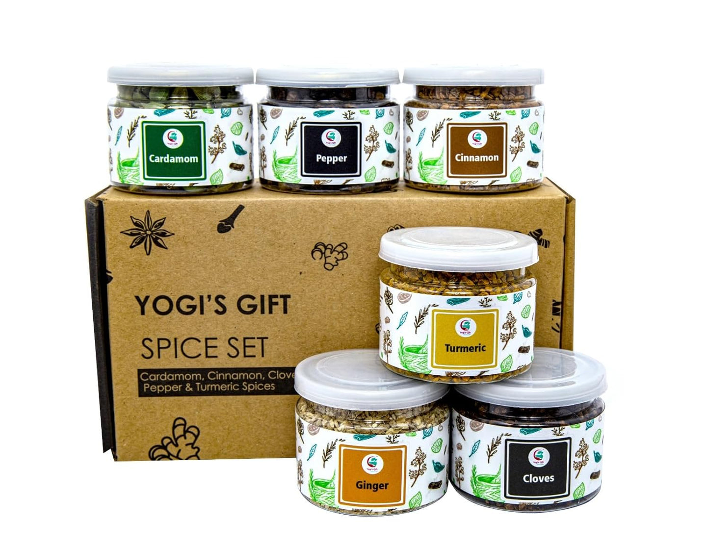 Spice Set (6 Essential Spices) | Cardamom, Cinnamon, Cloves, Ginger, Pepper, Turmeric | Perfect Spice Gift Set | By Yogi's Gift®